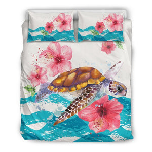 Hawaiian Bedding Set - Turtle Hibiscus Waves - AH - A0-BEDDING SETS-Phaethon-US Queen/Full-Black-Polyester-Vibe Cosy™