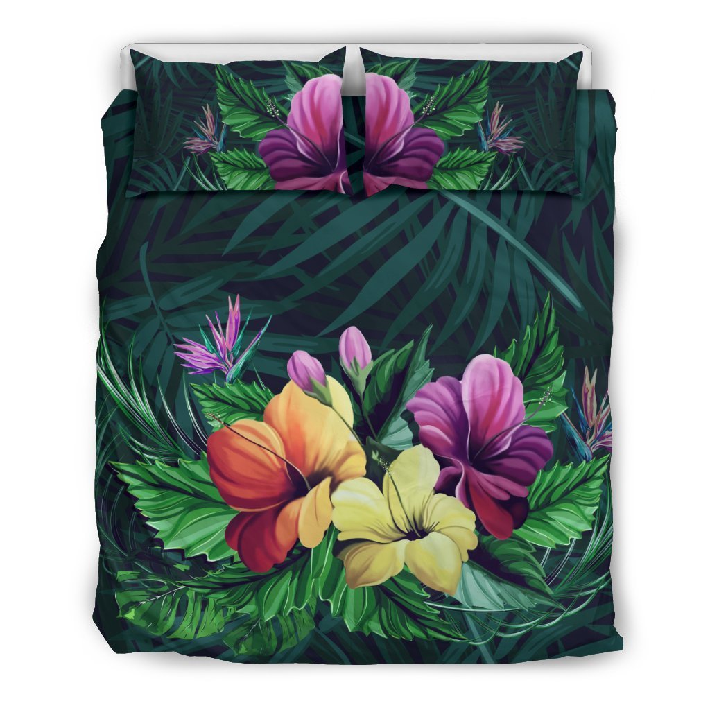 Hawaii Garden Hibiscus Bedding Set - AH-BEDDING SETS-Alohawaii-US Queen/Full-Black-Polyester-Vibe Cosy™