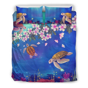 Turtle And Plumeria Pattern Hawaiian Bedding Set - AH-BEDDING SETS-Phaethon-US Queen/Full-Black-Polyester-Vibe Cosy™