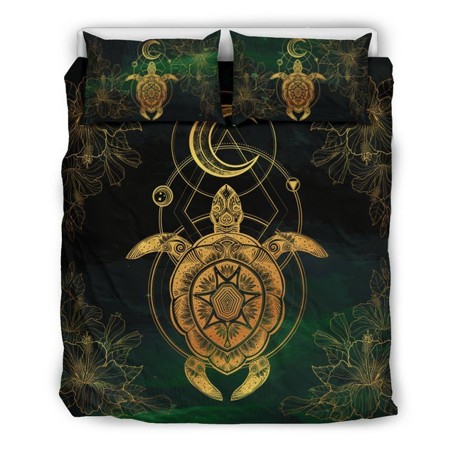 Golden Turtle And Moon Hawaiian Bedding Set - AH-BEDDING SETS-Phaethon-US Queen/Full-Black-Polyester-Vibe Cosy™