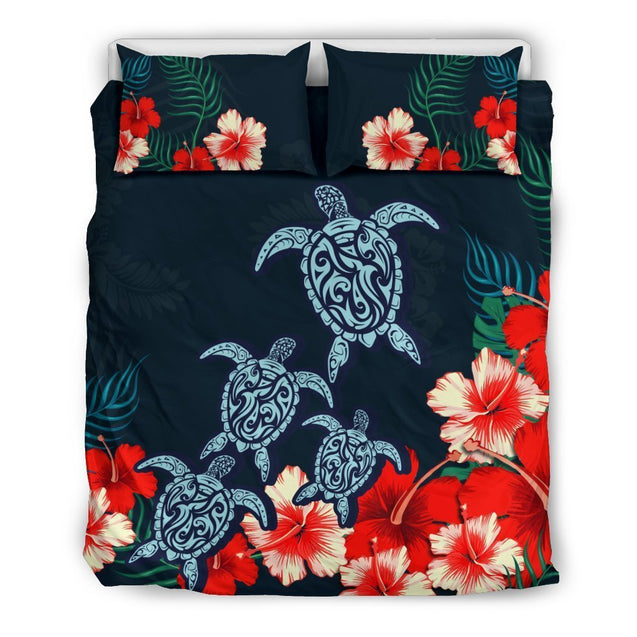 Hawaiian Hibiscus And Polynesian Turtle Bedding Set - AH-BEDDING SETS-Phaethon-US Queen/Full-Black-Polyester-Vibe Cosy™