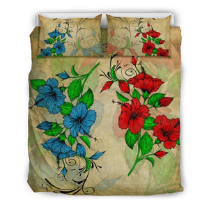 Hibiscus Blue And Red Bedding Set - AH-BEDDING SETS-Phaethon-US Queen/Full-Black-Polyester-Vibe Cosy™