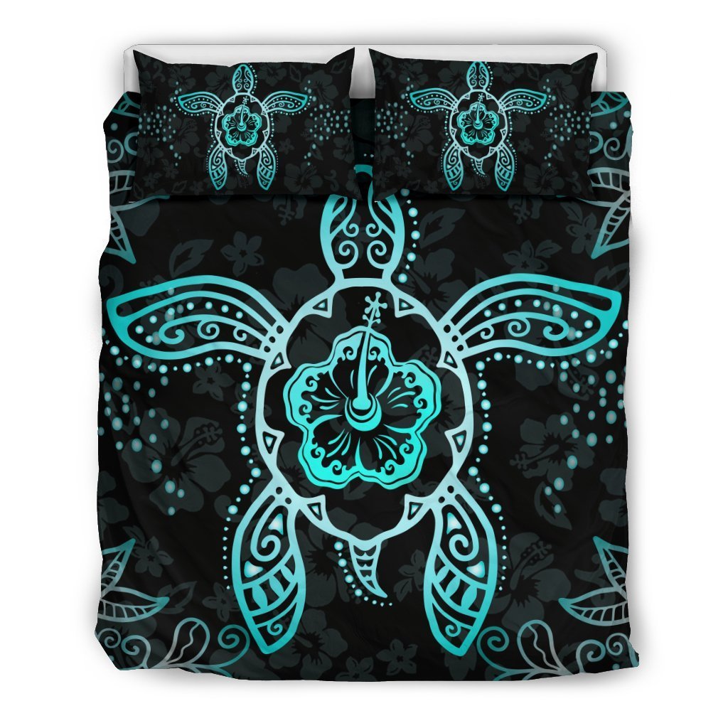 Turtle And Hibiscus Bedding Set - AH-BEDDING SETS-Alohawaii-US Queen/Full-Black-Polyester-Vibe Cosy™