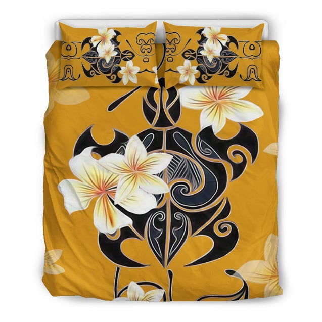 Turtle Plumeria Bedding Set - AH-BEDDING SETS-Phaethon-Bedding Set-US Queen/Full-Black-Vibe Cosy™