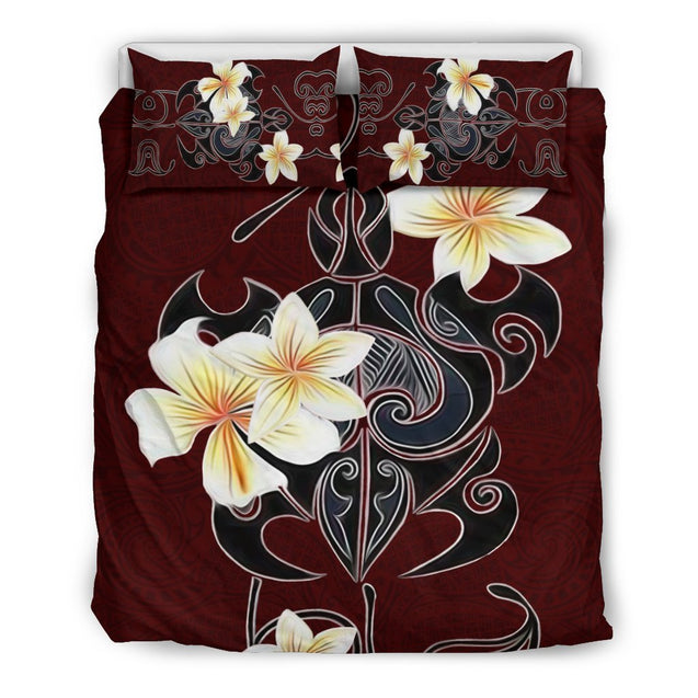 Turtle Plumeria Polynesian Bedding Set - AH-BEDDING SETS-Phaethon-Bedding Set-US Queen/Full-Black-Vibe Cosy™