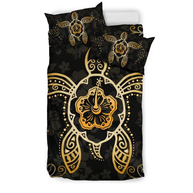 Hawaii Golden Turtle And Hibiscus Bedding Set - AH-BEDDING SETS-Alohawaii-US Twin-Polyester-Black-Vibe Cosy™