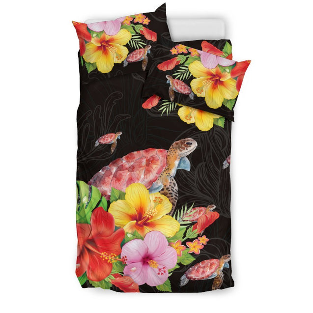 Beautiful Hibiscus And Turtle Hawaiian Bedding Set - AH-BEDDING SETS-Alohawaii-US Twin-Black-Polyester-Vibe Cosy™