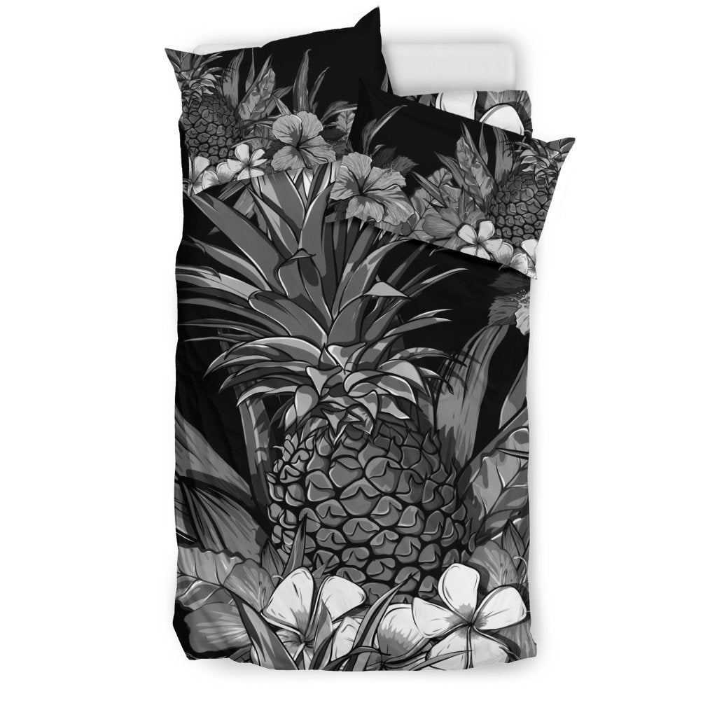 Hawaiian Bedding Set - Hibiscus And Pineapple In BW Style - AH - K5-BEDDING SETS-Phaethon-US Twin-Black-Polyester-Vibe Cosy™