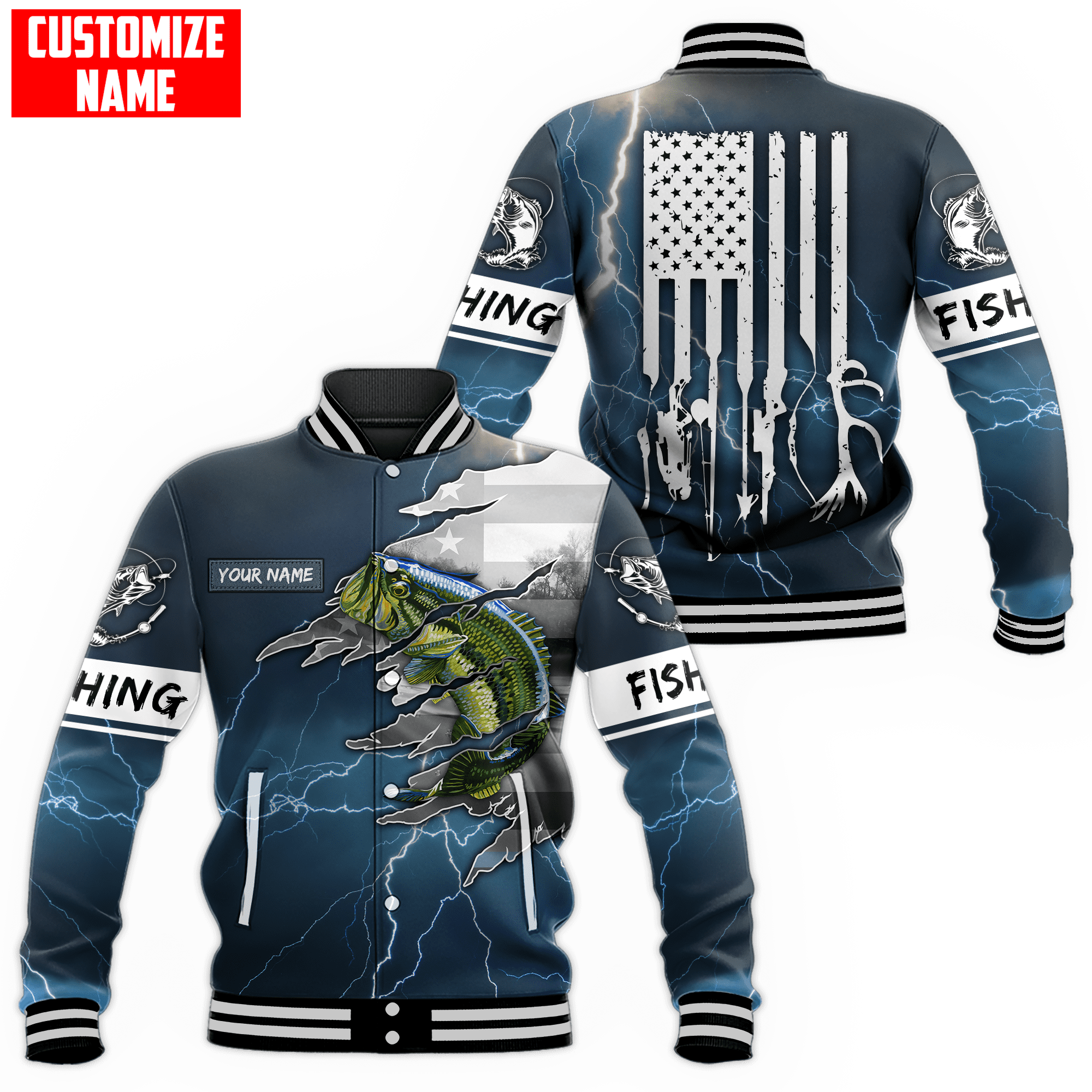 Largemouth Bass Fishing US Flag Custom name fishing shirts for men and women