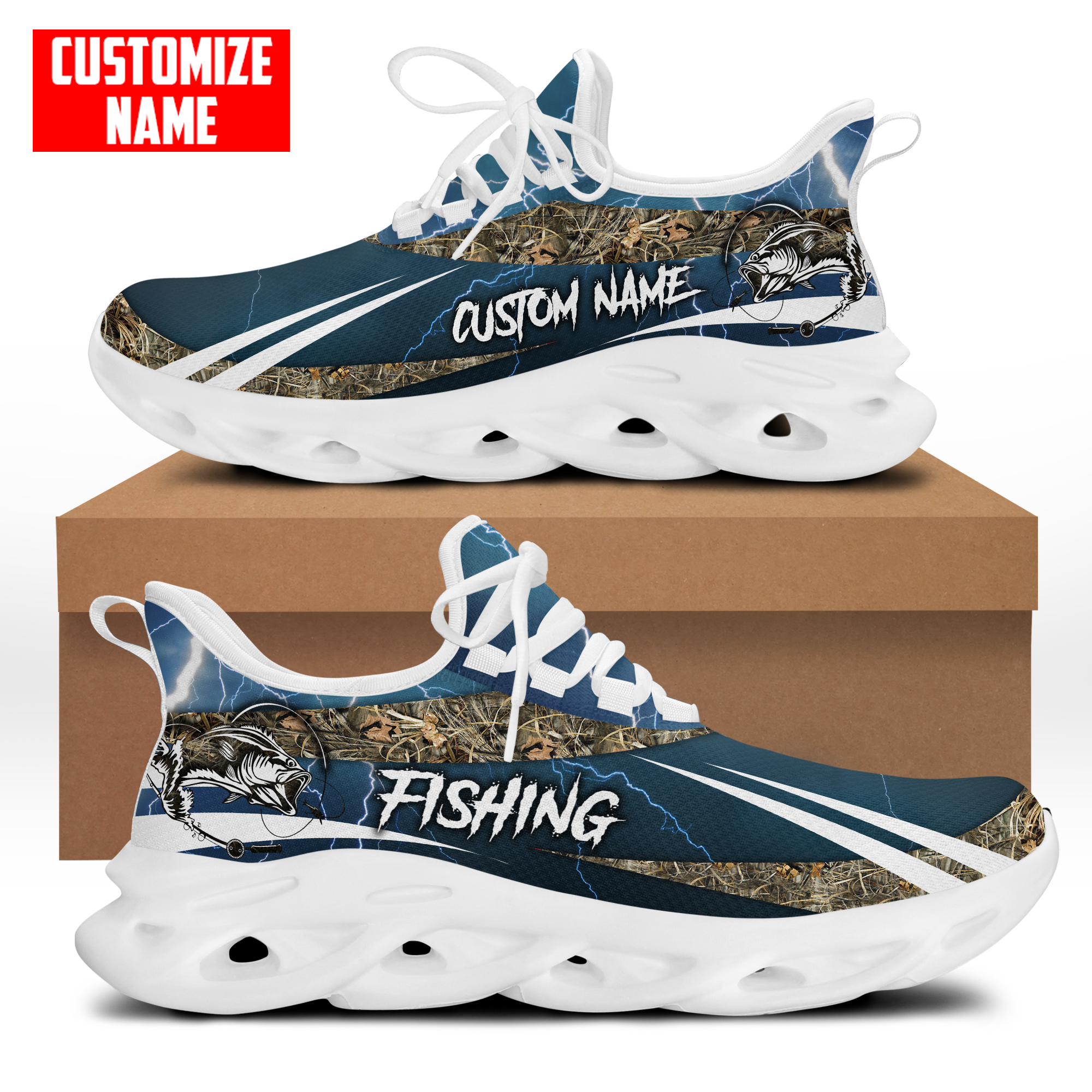 Bass fishing Sport - Blue version Custom name Clunky Sneaker Shoes