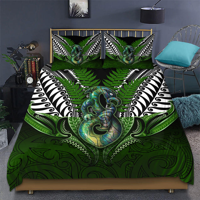 New Zealand Aotearoa Maori Tiki Silver Fern Paua Shell 3D Bedding Set ML