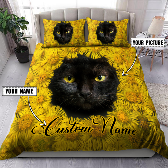 Customized Cat Picture With Flower Pattern Bedding Set, Gift For Cat Lover No 01