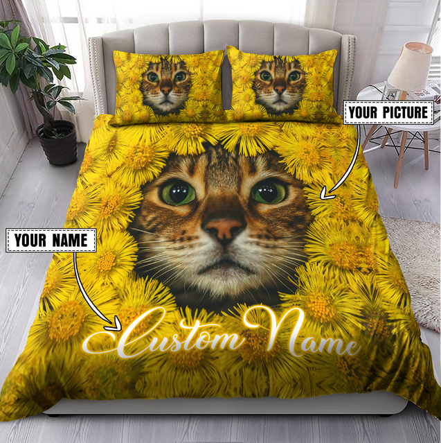 Customized Cat Picture With Flower Pattern Bedding Set, Gift For Cat Lover No 02