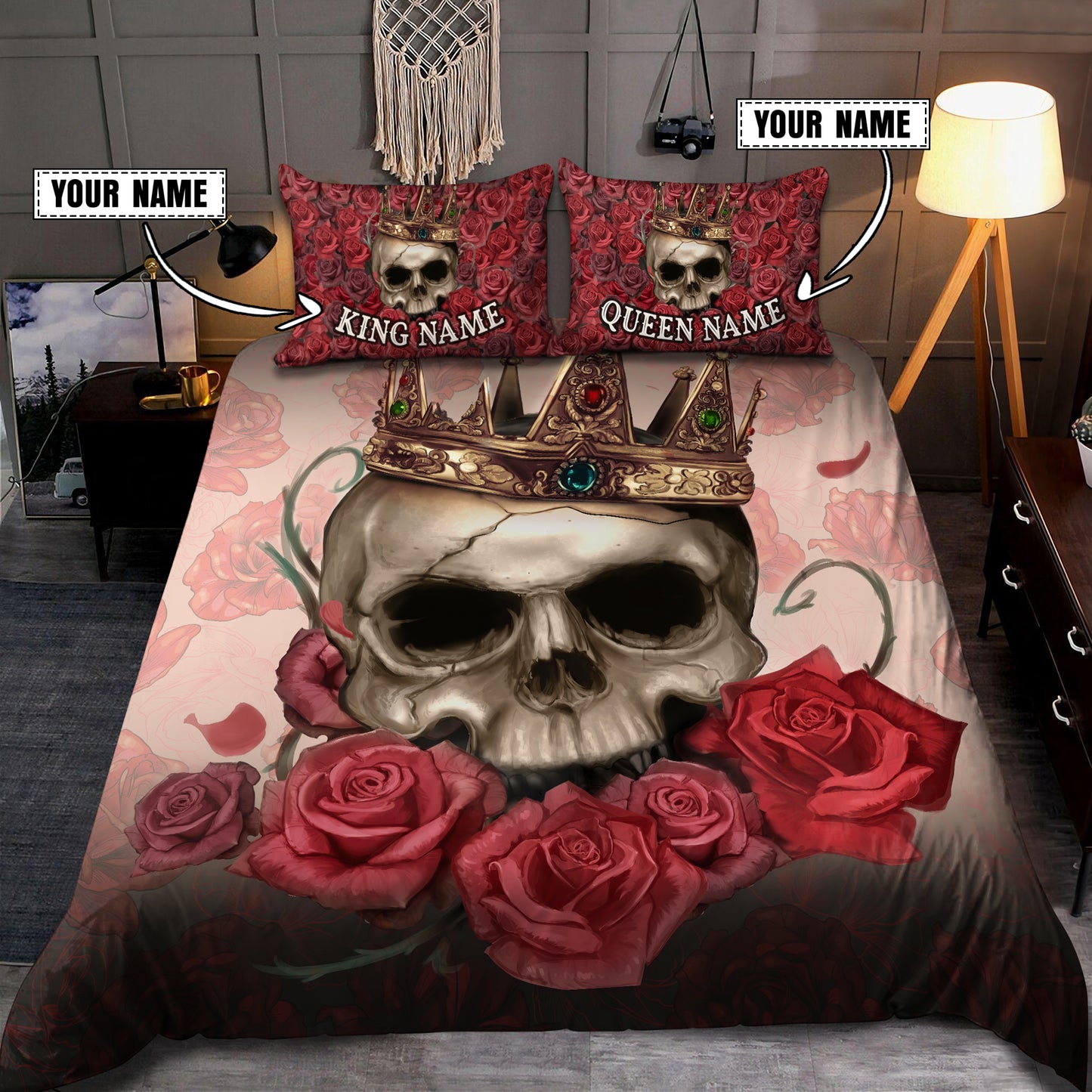 Customize Name Couple Skull Art Bedding Set