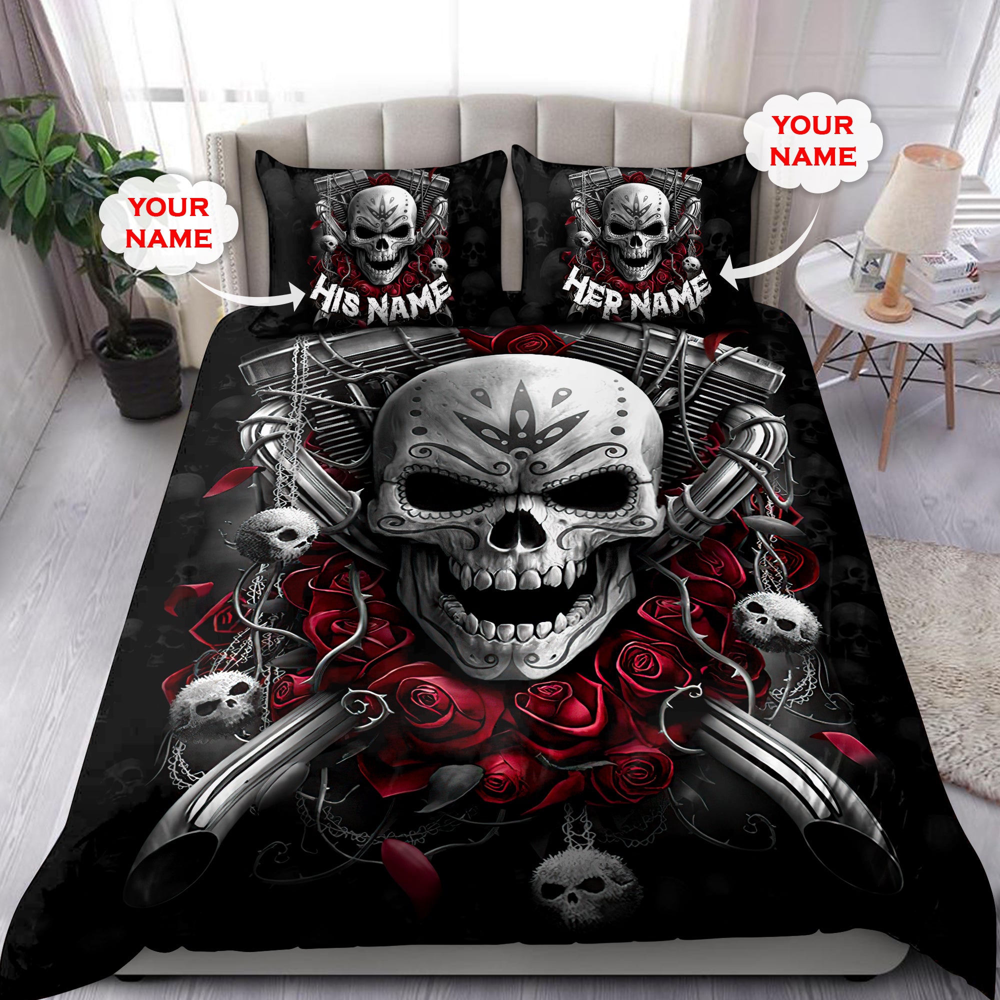 Customize Name Couple Skull Art Bedding Set