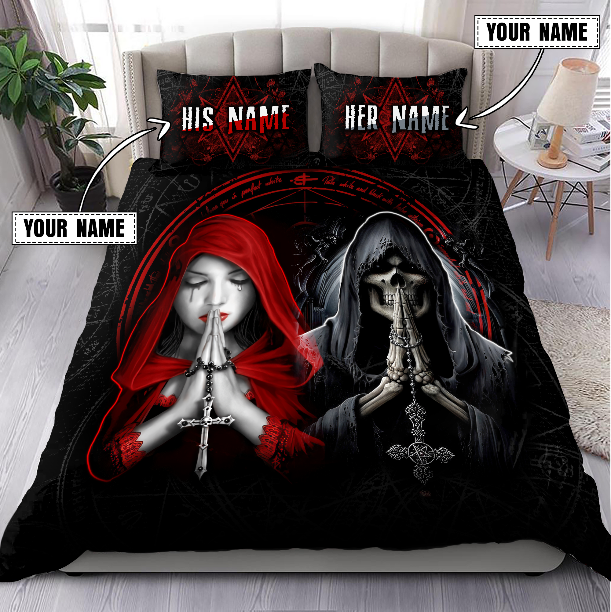 Customize Name Couple Skull Art Bedding Set