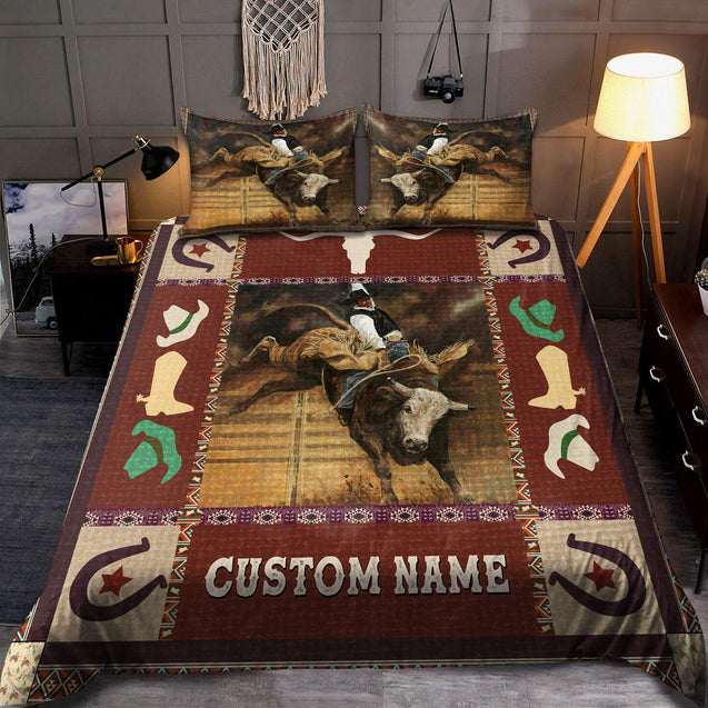 Personalized Name Bull Riding Bedding Set Rodeo Art Ver 4