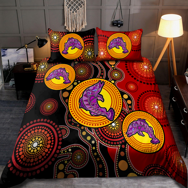 Aboriginal Fishing Red Circles Dots Painting art Bedding Set