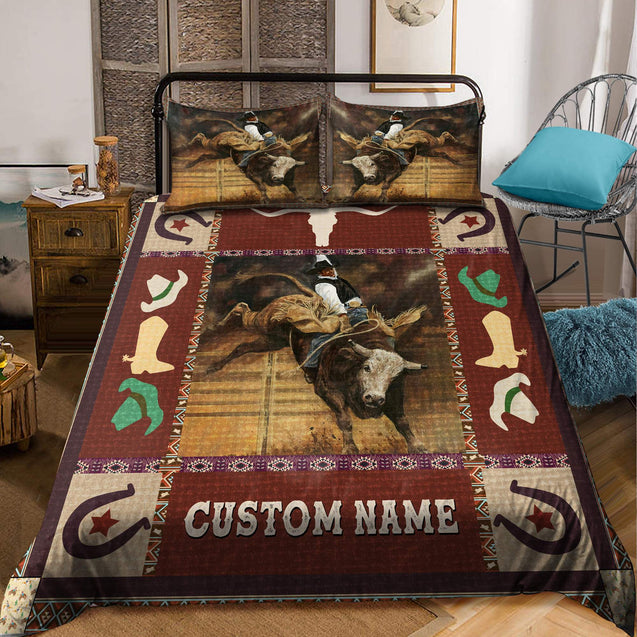 Personalized Name Bull Riding Bedding Set Rodeo Art Ver 4