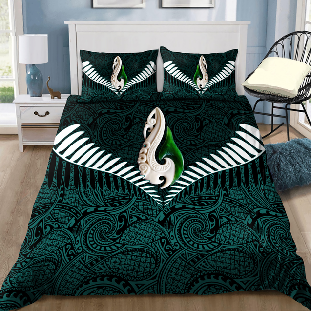 New Zealand Aotearoa Maori Silver Fern Paua Shell 3D Bedding Set ML