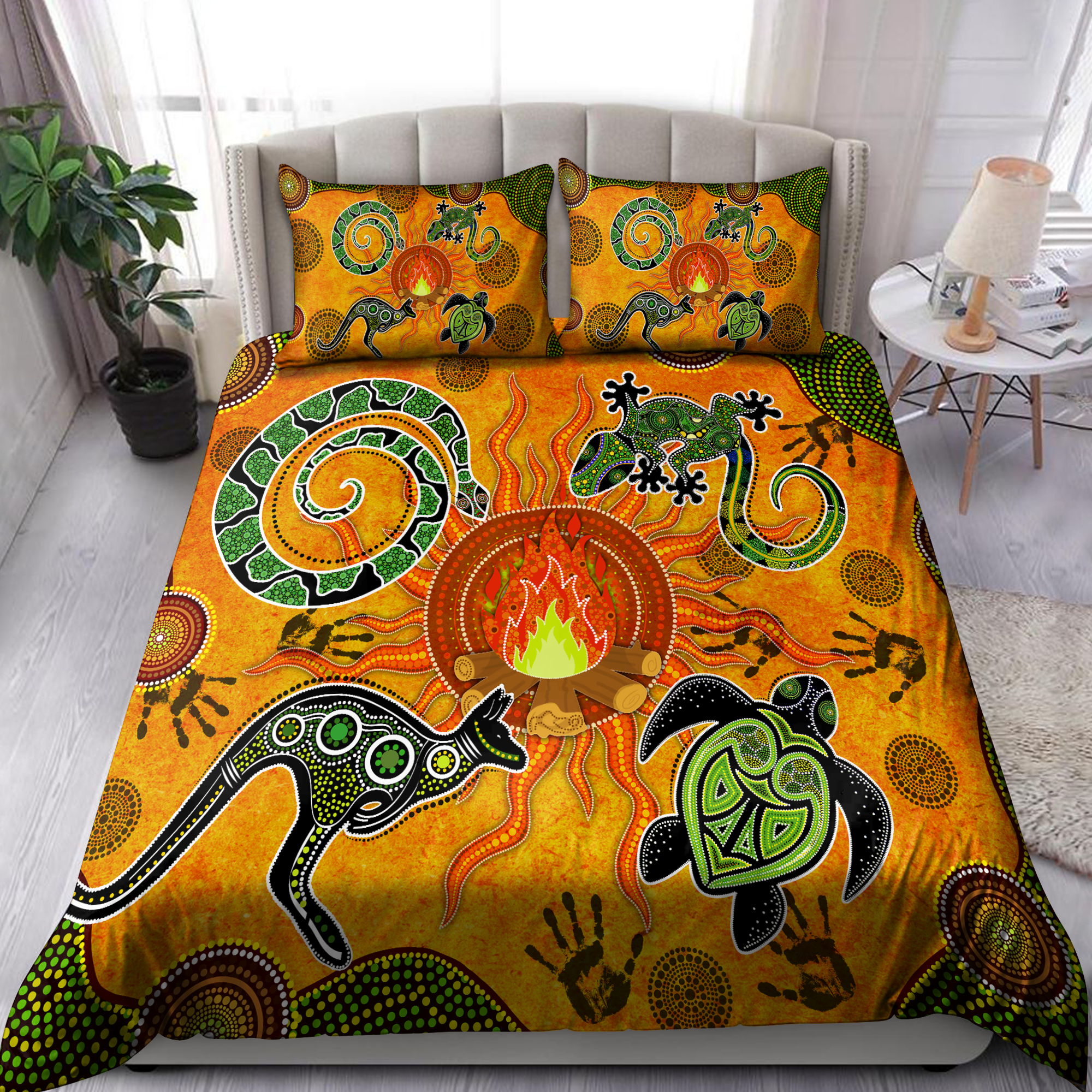 Aboriginal Dancing around the campfire Stories Green Bedding set