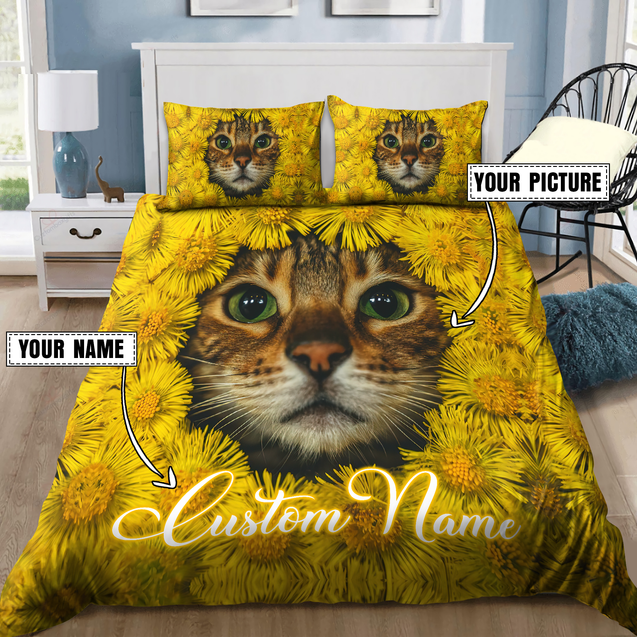 Customized Cat Picture With Flower Pattern Bedding Set, Gift For Cat Lover No 02