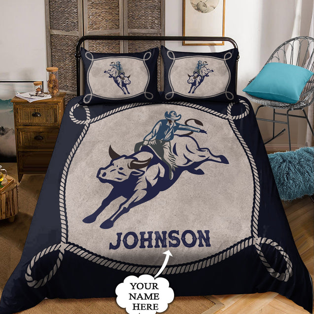 Personalized Name Bull Riding Blue Rope Bedding Set