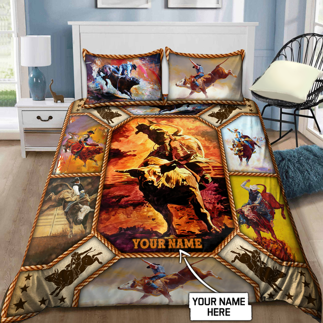 Personalized Name Bull Riding Bedding Set Rodeo Art