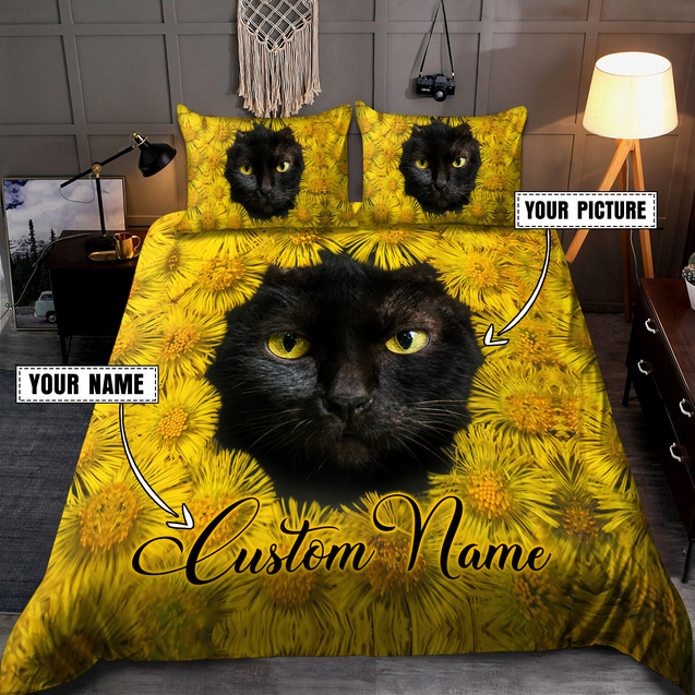 Customized Cat Picture With Flower Pattern Bedding Set, Gift For Cat Lover No 01