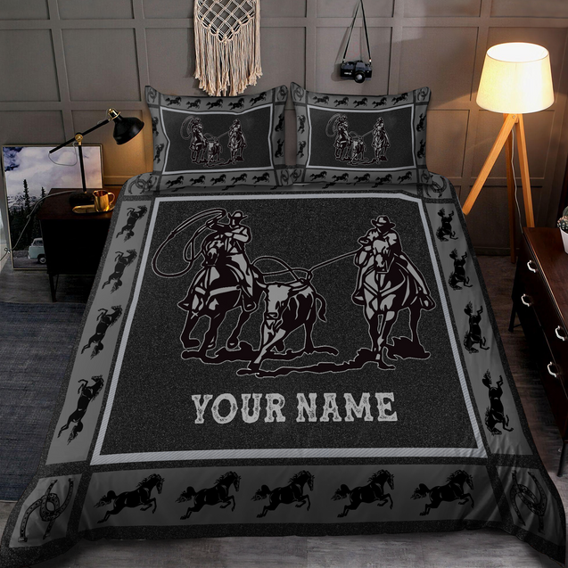 Personalized Name Bull Riding Bedding Team Roping Black