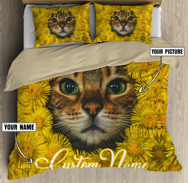 Customized Cat Picture With Flower Pattern Bedding Set, Gift For Cat Lover No 02