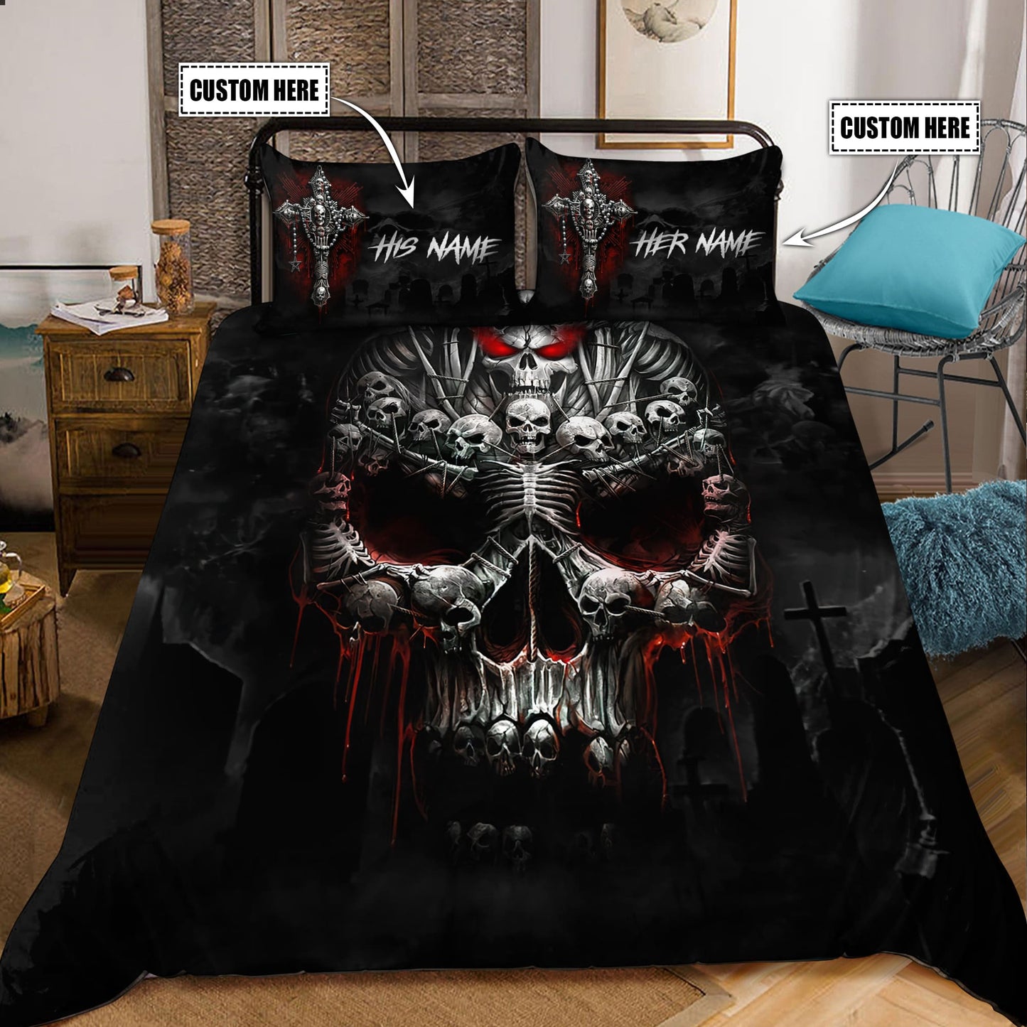 Customize Name Skull Art Bedding Set