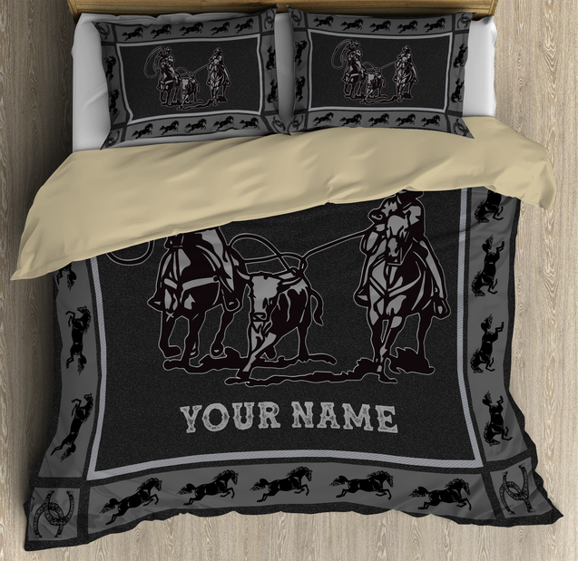 Personalized Name Bull Riding Bedding Team Roping Black