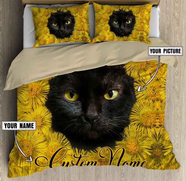 Customized Cat Picture With Flower Pattern Bedding Set, Gift For Cat Lover No 01