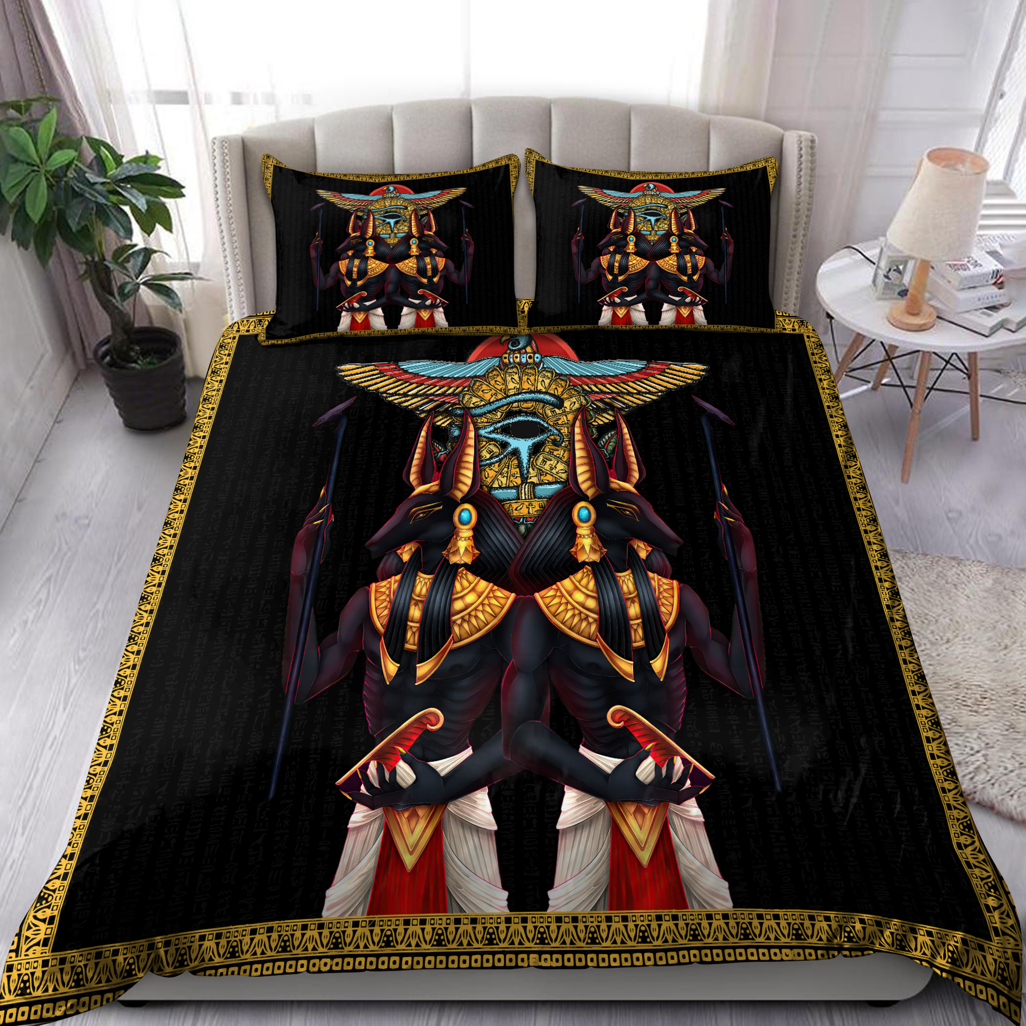 Anubis Horus eye and egyptian falcon 3D design Bedding set