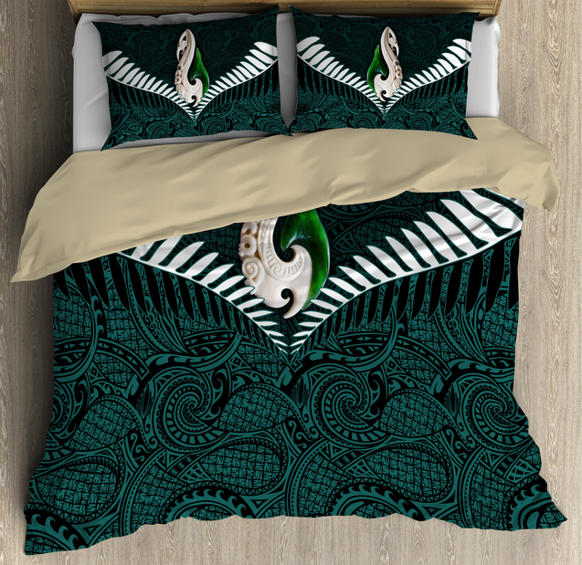 New Zealand Aotearoa Maori Silver Fern Paua Shell 3D Bedding Set ML