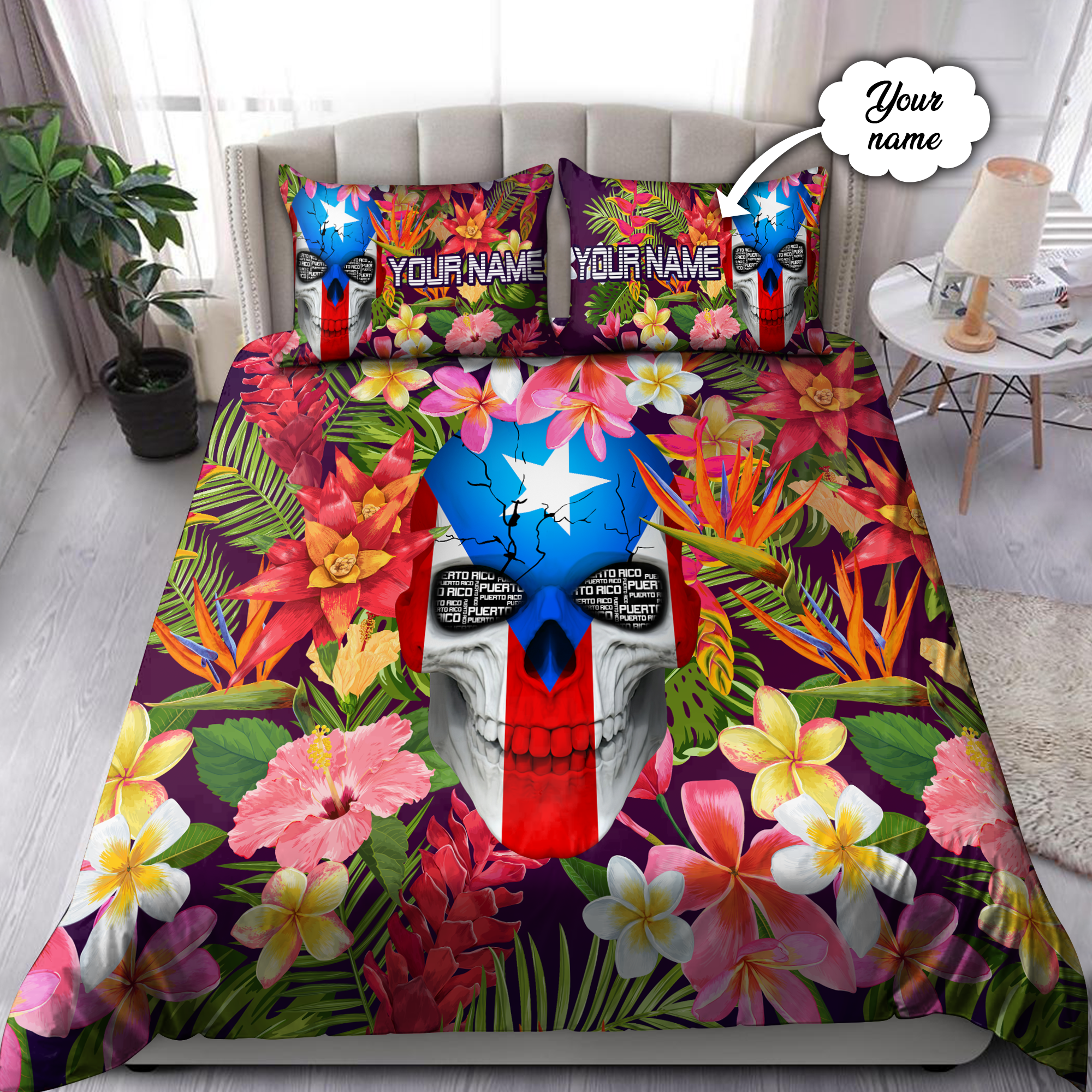 Customize Name Floral Skull Puerto Rico Bedding Set DQB03042101