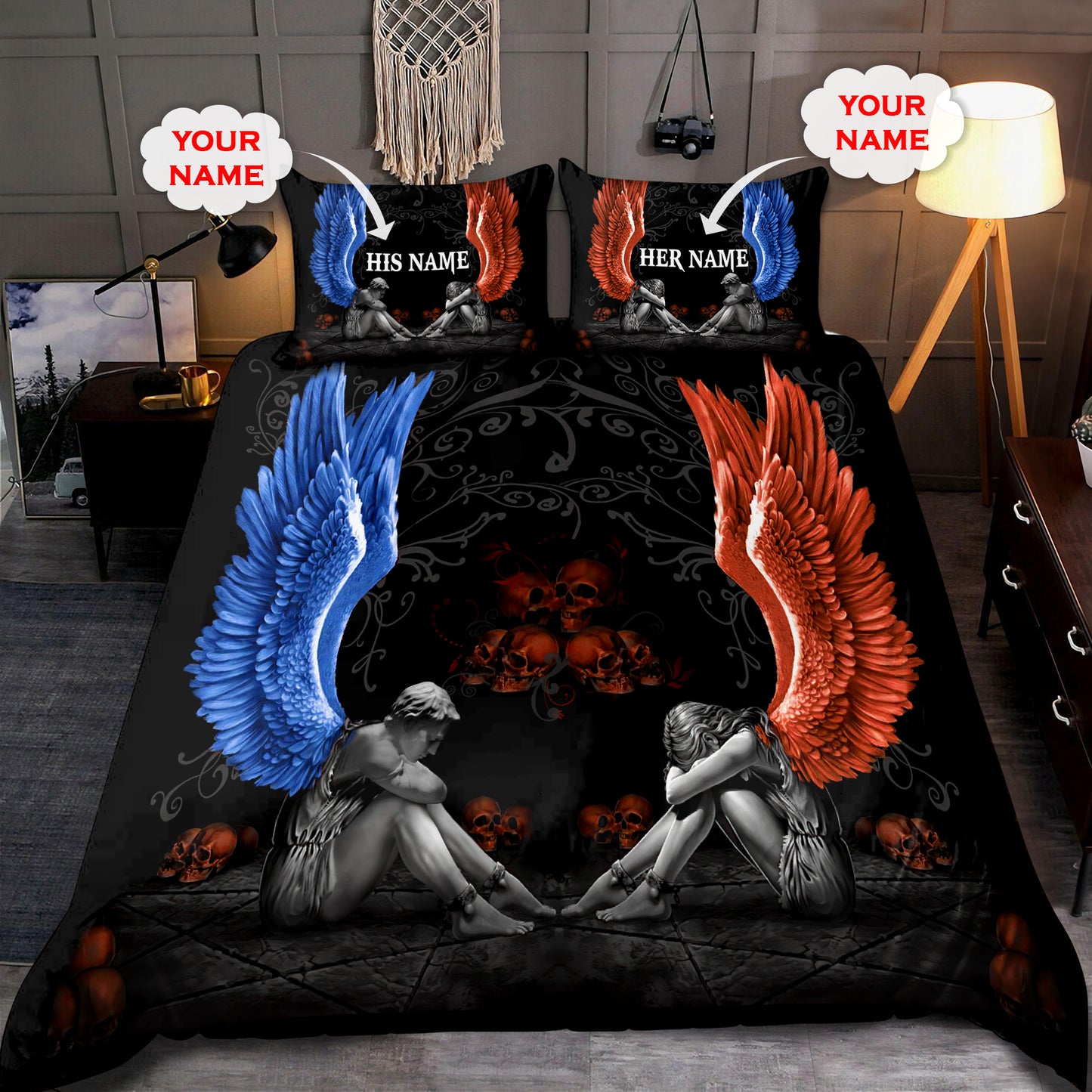 Customize Name Couple Skull Art Bedding Set