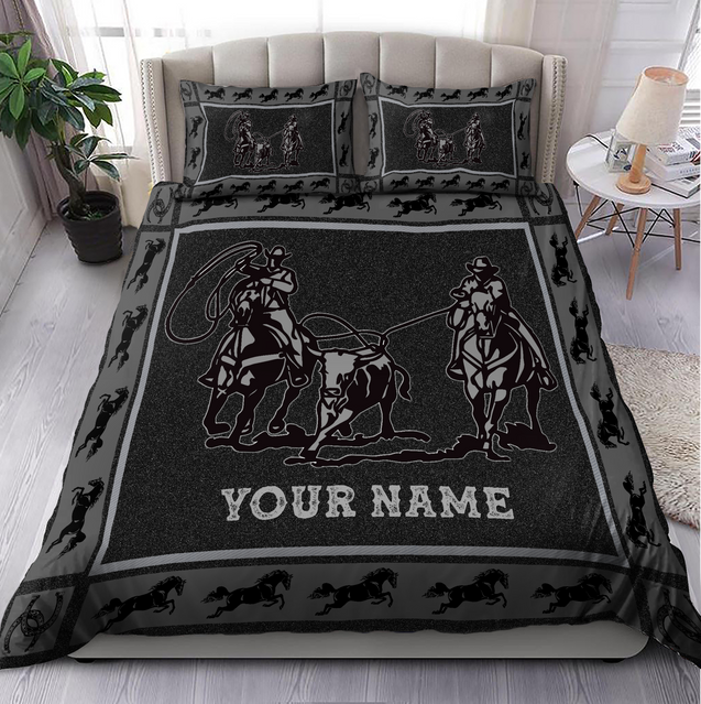 Personalized Name Bull Riding Bedding Team Roping Black