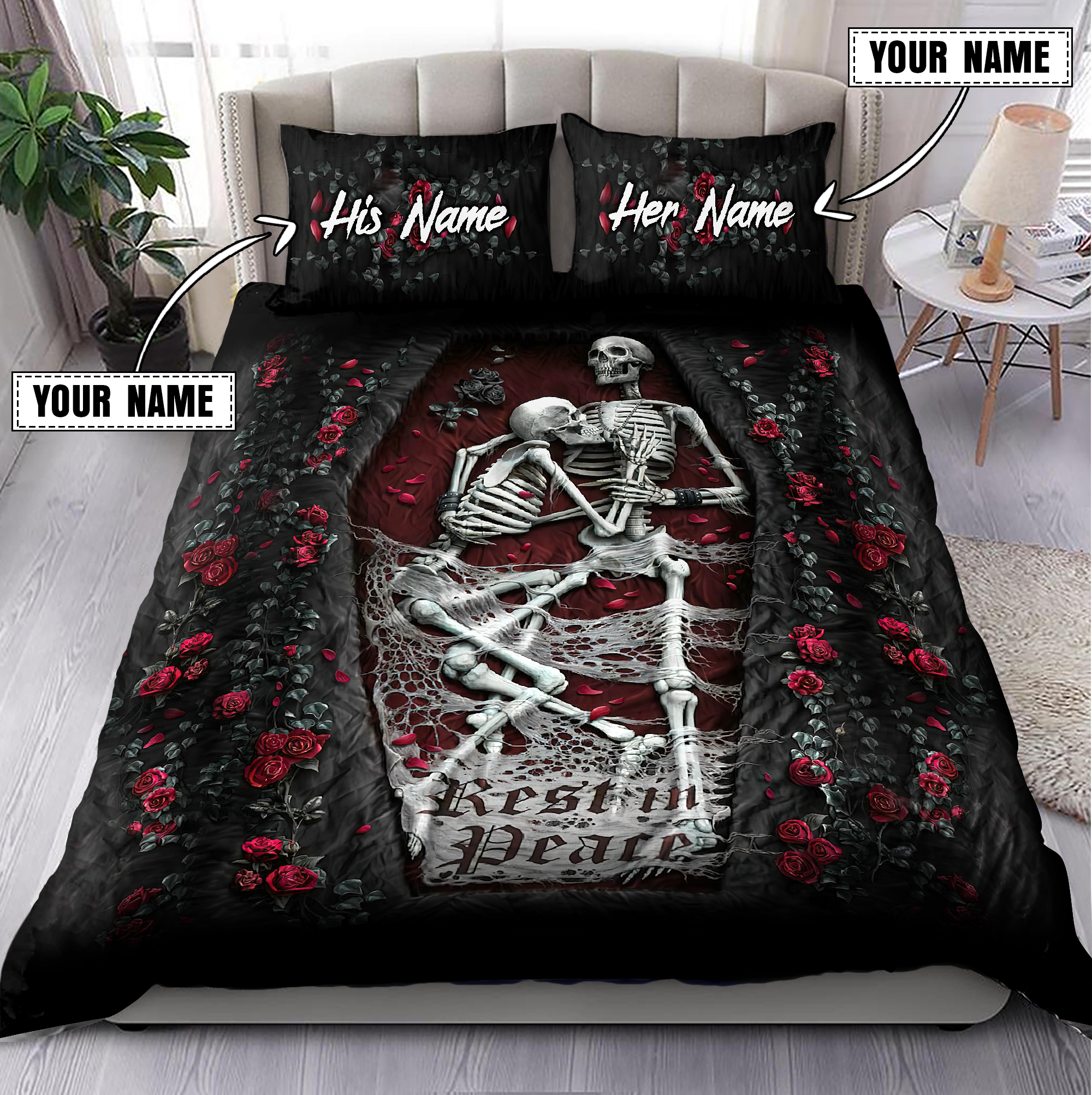 Customize Name Couple Skull On The Roses Bedding Set MH15062104