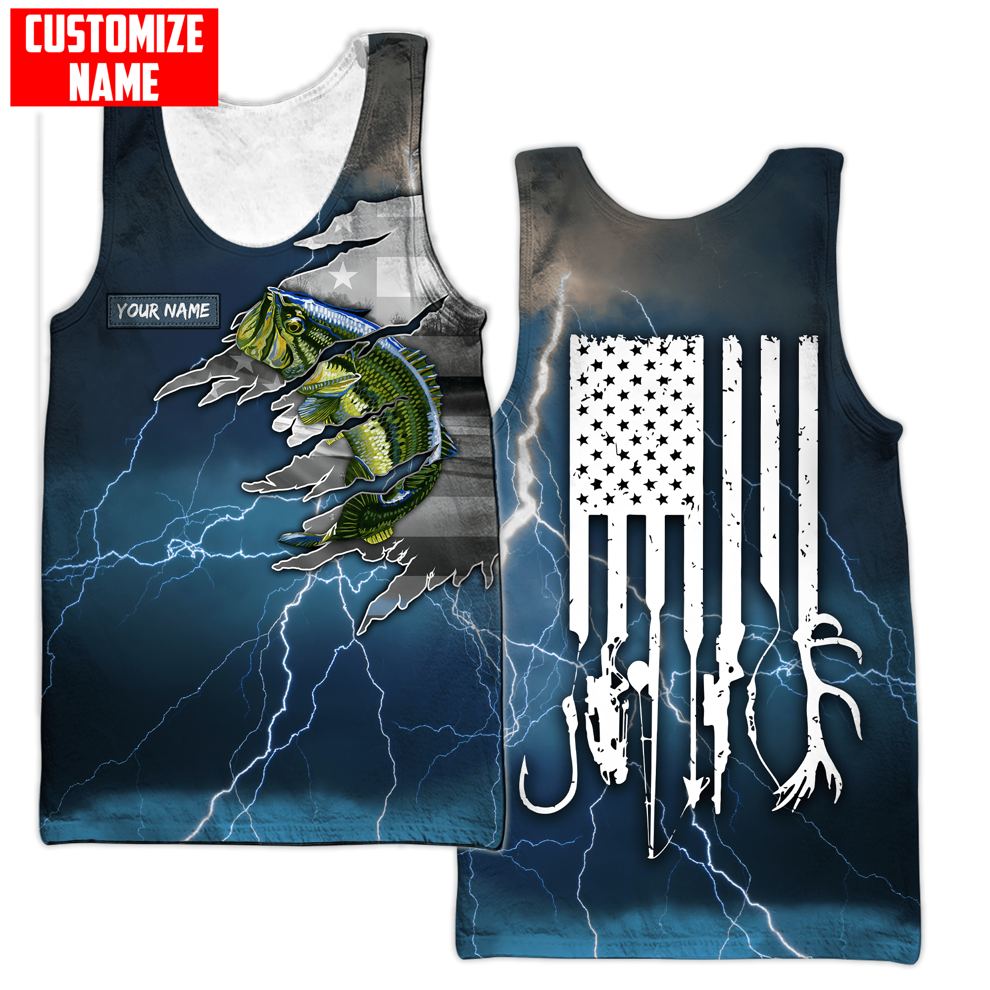 Largemouth Bass Fishing US Flag Custom name fishing shirts for men and women