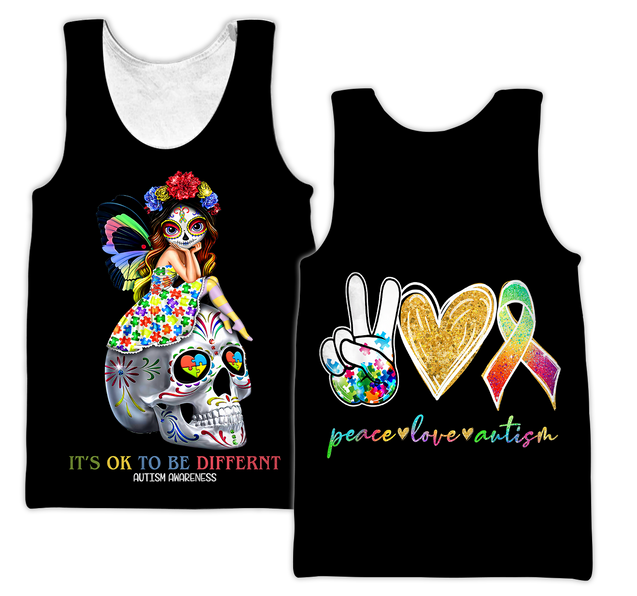 3D All Over Printed Autism Awareness -Cute Skull  Unisex Shirts XT