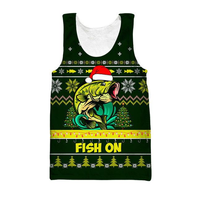 Bass Fishing Fish on Christmas Hat 3D Shirts