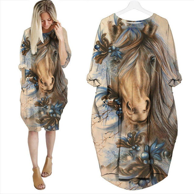Painting Horse Batwing Pocket Dress TA041112-Apparel-TA-S-Vibe Cosy™