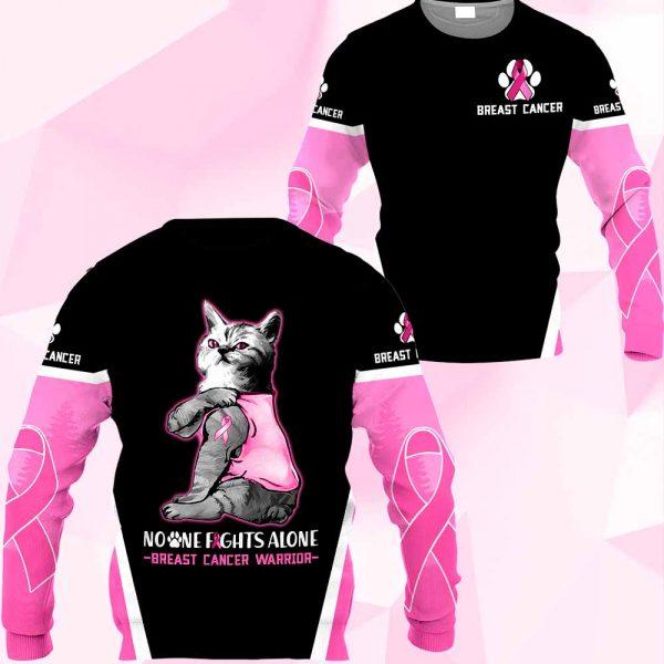 3D Breast Cancer Cat No One Fight Alone Hoodie T-Shirt Sweatshirt SU110304-Apparel-SUN-T-shirt-S-Vibe Cosy™