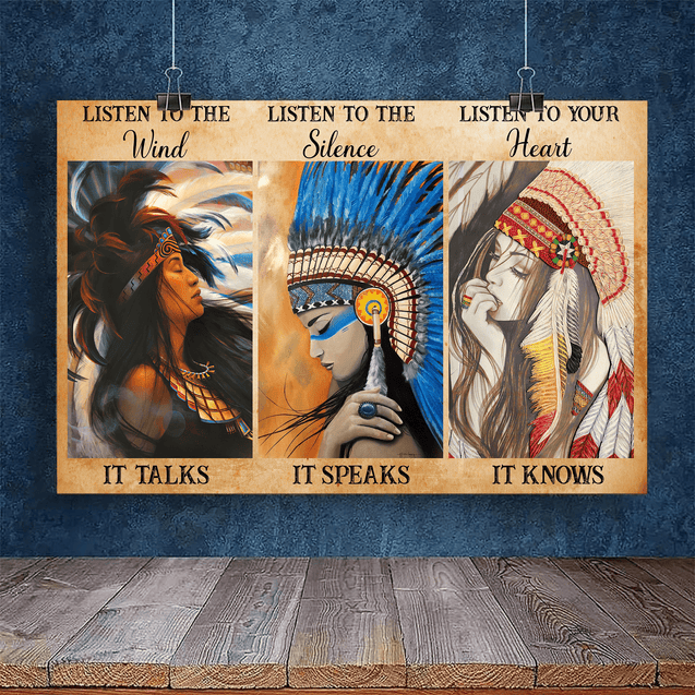 Awesome Listen To The Wind It Talks Listen To The Silence It Speaks Listen To Your Heart It Knows Native American 3D All Over Printed Canvas Poster