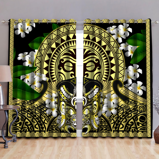 Polynesian Face With Plumeria Window Curtains