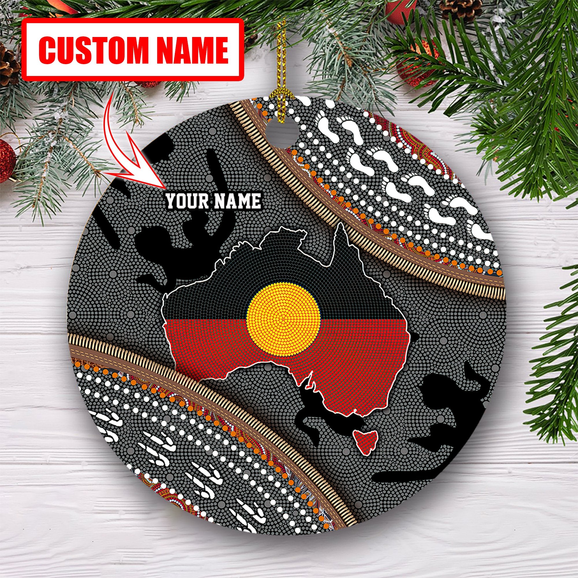 Custom name Aboriginal dots Zip pattern Christmas Ornaments