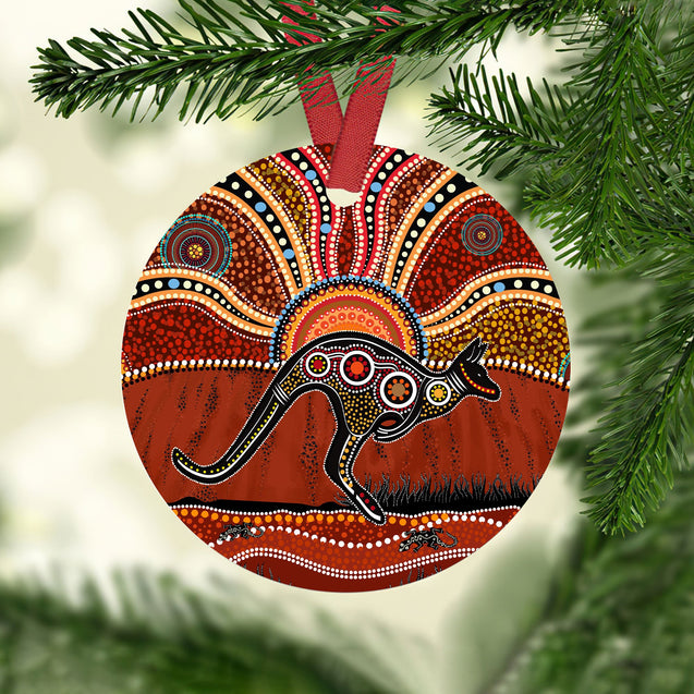 Aboriginal Art Kangaroo running Christmas Ornaments