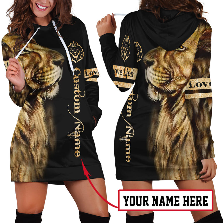 Customize Name Love Lion 3D All Over Printed Hoodie Dress